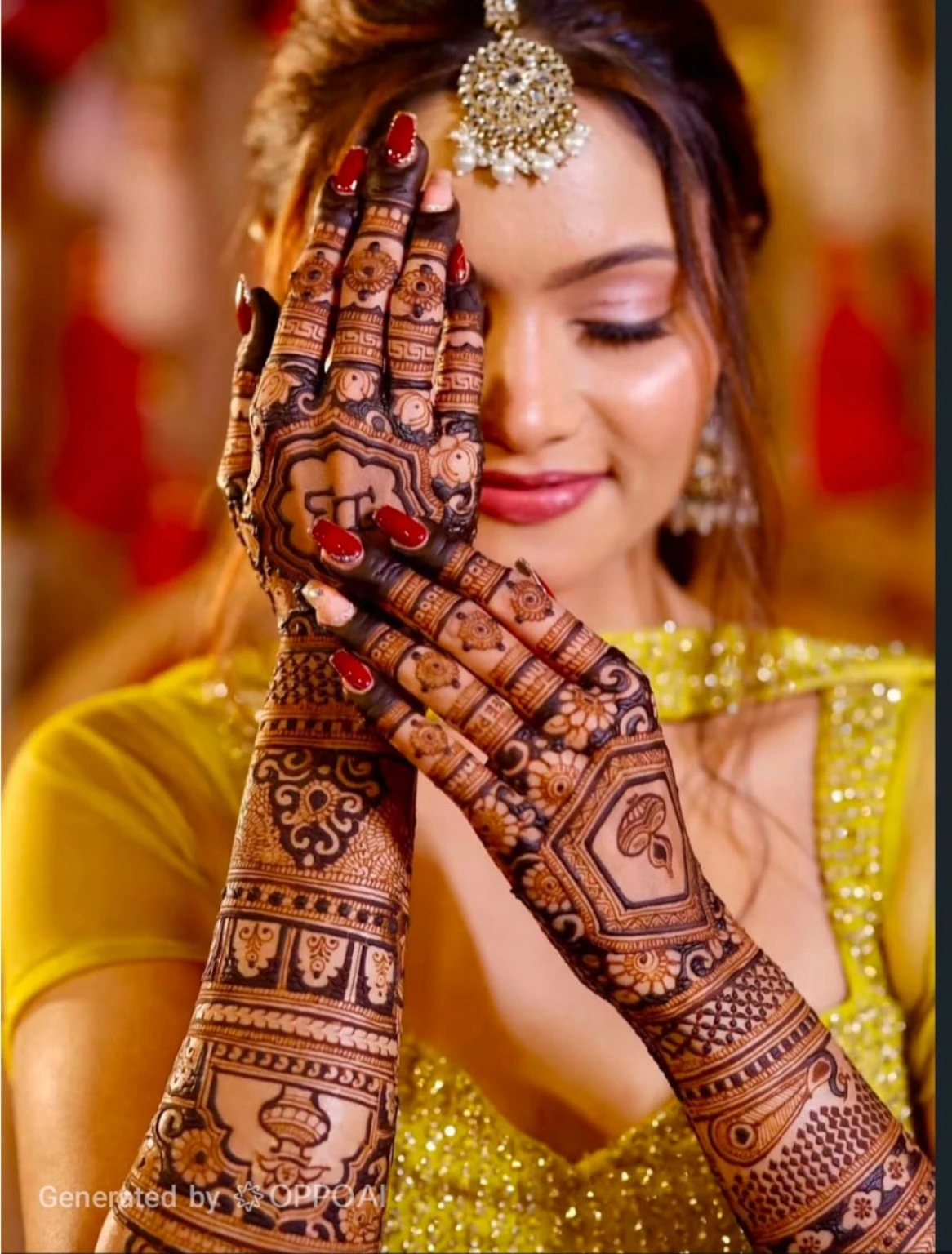Bridal mehndi portrait in yellow with intricate hand designs