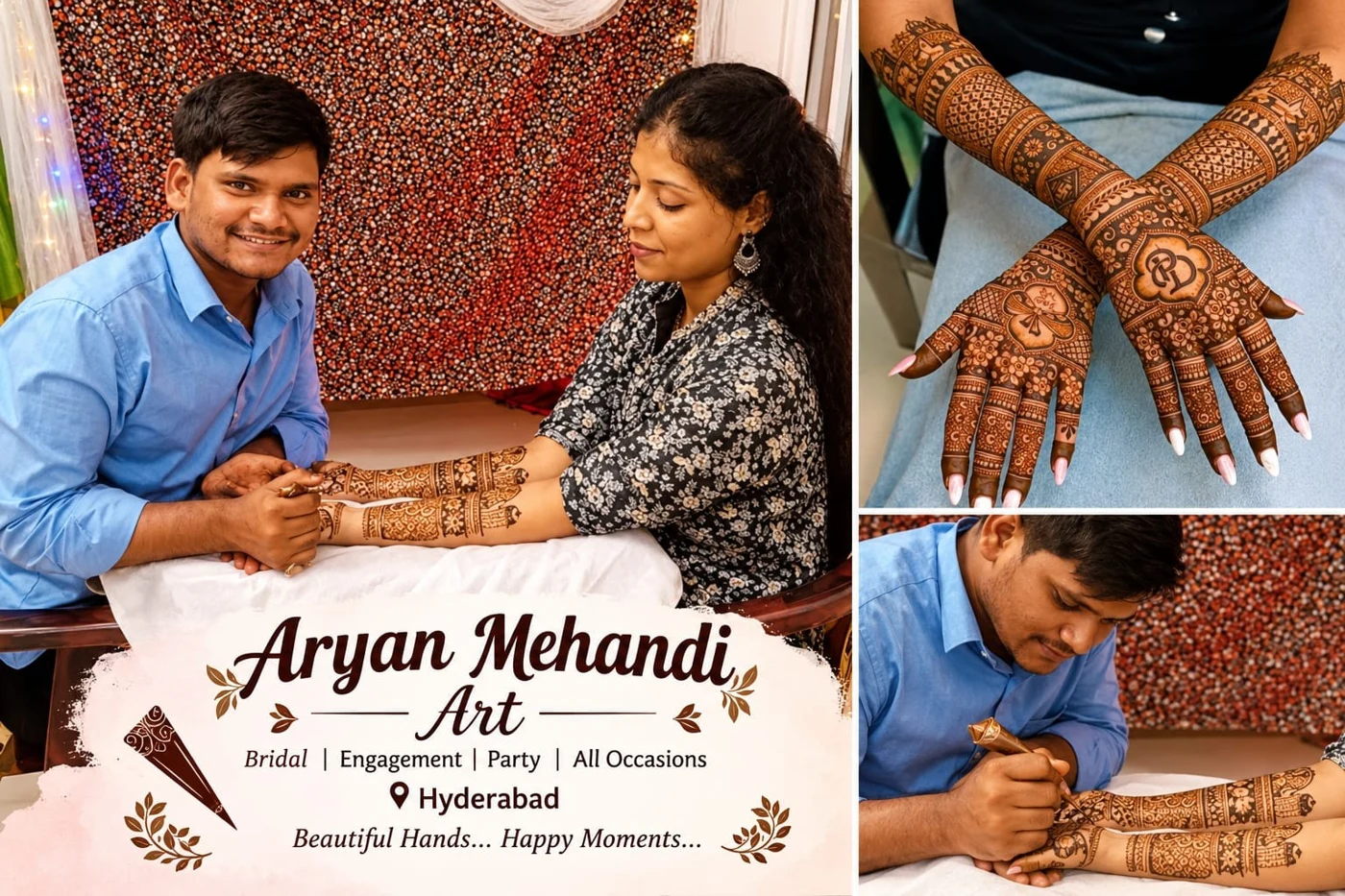 Mehndi artistry, application and finished design details.